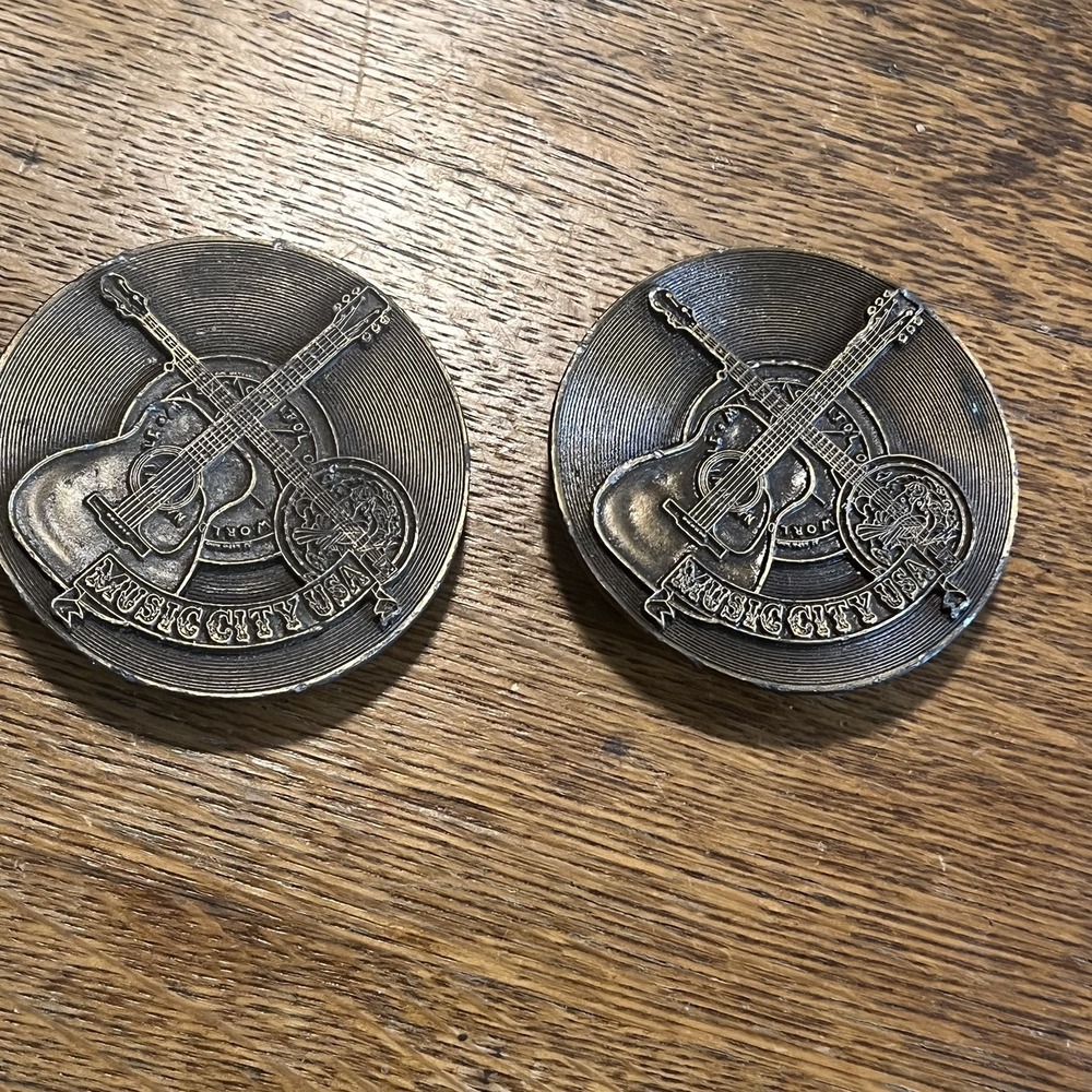 Lot of 2 VTG 1974 Bergamot Brass Belt Buckle-Jimm Watson-Guitar/Record/Banjo